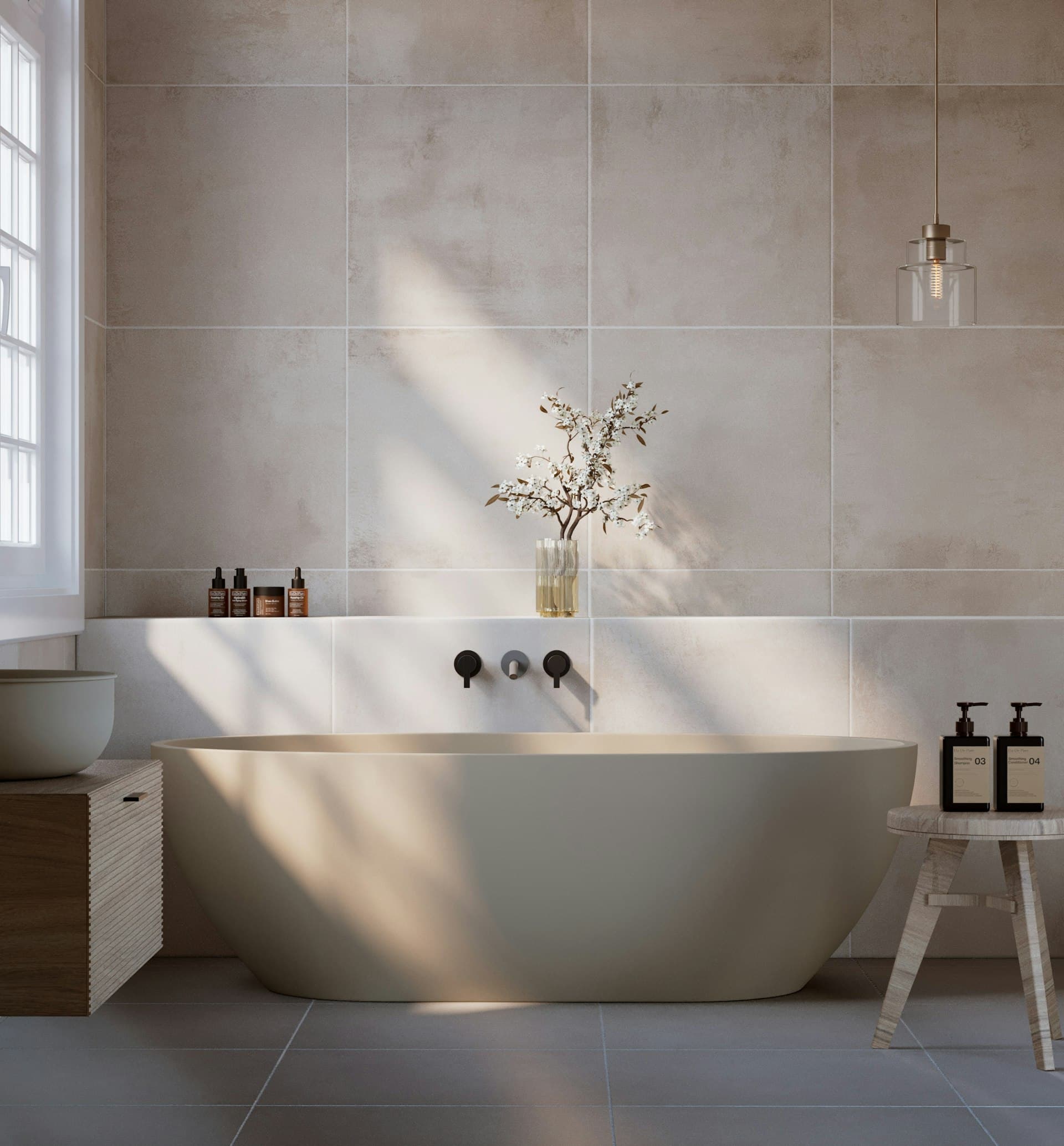 Luxury bathroom with freestanding bathtub and natural light